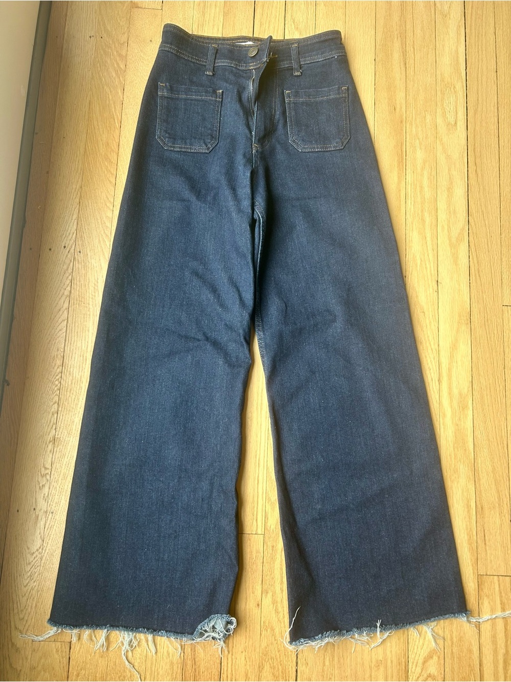 Zara Relaxed Fit, Wide Bottom Dark Blue Jeans with Frayed Hem
